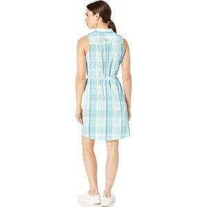 NWT New Womens Columbia White Blue Plaid Dress PFG M Slits Pockets Cotton Logo